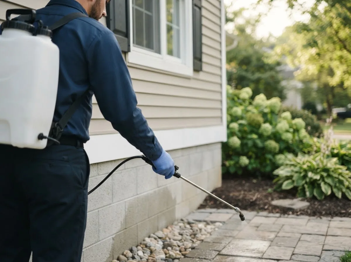 Pest control technician inspecting a home in Knapp, WI